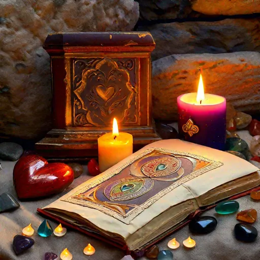 Prompt: lit candle surrounded by gemstones next to a love spell book with a heart on its cover, on a tattered cloth near a stone wall, smooth lighting, detailed oil on canvas, 8K
