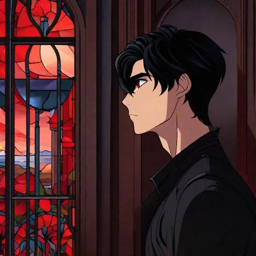 Prompt: Damien  (male, short black hair, red eyes) staring out the window