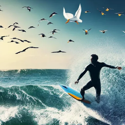 Prompt: black man surfing away from tsunami while looking at seagulls in the air. Sun is shining. Land is nearby.