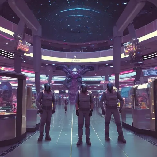 Prompt: python security guards in a busy alien mall, widescreen, infinity vanishing point, galaxy background, surprise easter egg