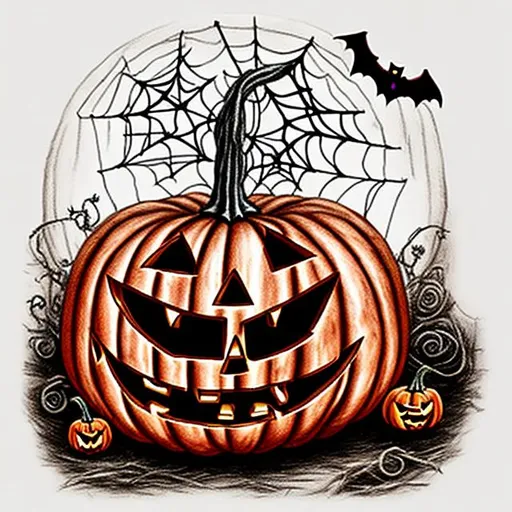 Prompt: complicated halloween pumpkin drawing, one single pumpkin, realistic, spooky, transparent background, tim burton inspired