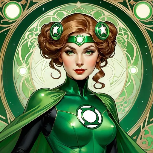 Prompt: Hattie Watson as Green Lantern by Alphonse Mucha
