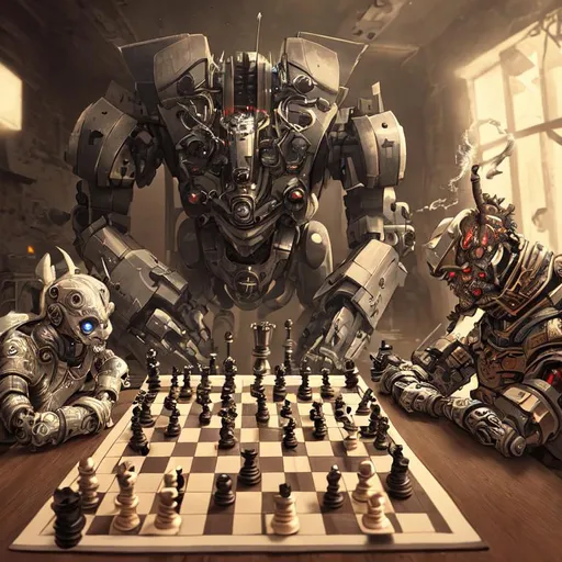 Prompt: ancient robots playing chess, smoking, pipe, magic dark robots fighting, old, glowing eyes, moving big robots, evil, Hyper Detail, 8K, HD, Octane Rendering, Unreal Engine, V-Ray, full hd -- s5000 --uplight --q 3 --stop 80--w 0.5 --ar 1:3


