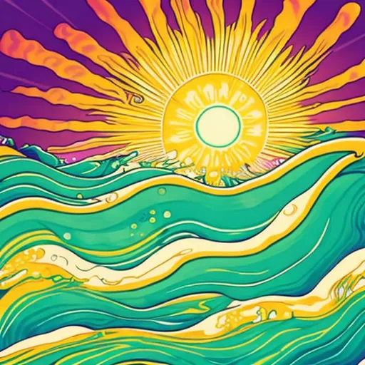 Prompt: Create a hypnotic, hallucinogenic graphic of the sun and the sea. The waves of the sea are emerging together with the sunshines