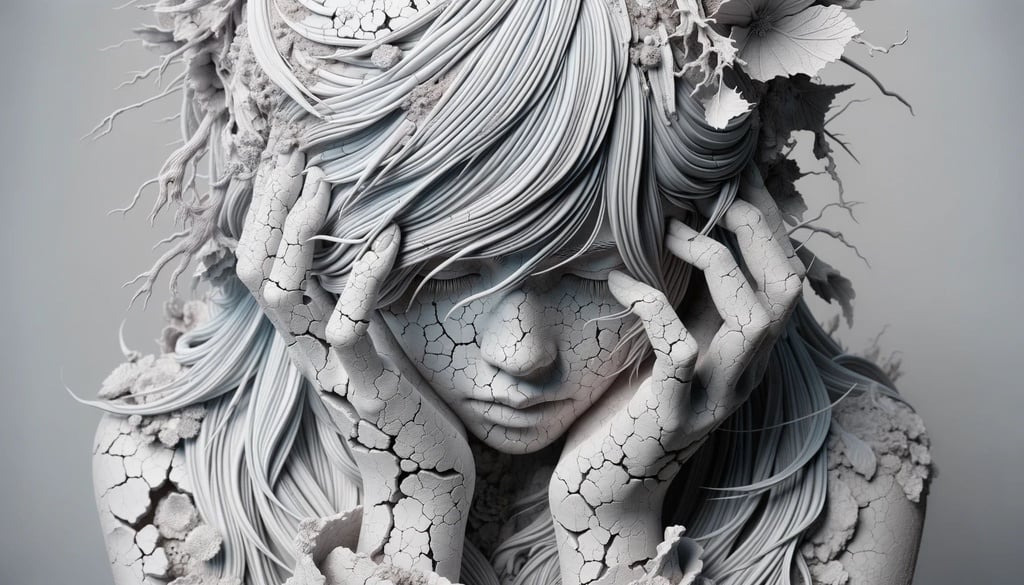 Prompt: 3d a girl with her head covered in grey, in the style of detailed fantasy art, cracked, white and azure, detailed nature depictions, pale palette in wide ratio
