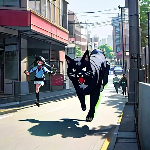 Prompt: A young girl and her cat running away from female bullies at school, in downtown Fukuoka on a busy day, 4:00 pm, 8k, unreal engine, cinematic still