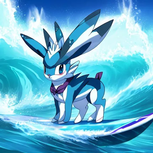 Prompt: glaceon surfing in the ocean