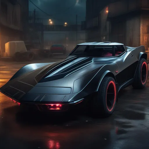 Prompt: year 2099 Black compact sports car, 90s Mako Shark Corvette Stingray in rat rod and battle car style, darksaber accents,  warm incandescent lights in dark industrial area at night