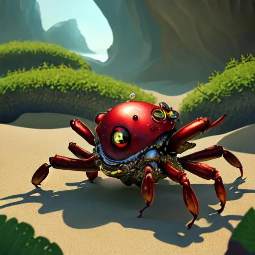 Prompt:  Metal shell crab character with two telescopic red eyes, Zahara, clouse-up,
 hyperrealistic, photorealistic, ultra-detailed, intricate details, unreal engine, octane render, bioma of sand, cavern in the sand   and amazing landscape ,rocks and gigant green fern, 4k. A vine covered tutor in the style of alexander jansson and gediminas pranckevicius mystical, magical, bloosom, volumetric lighting.