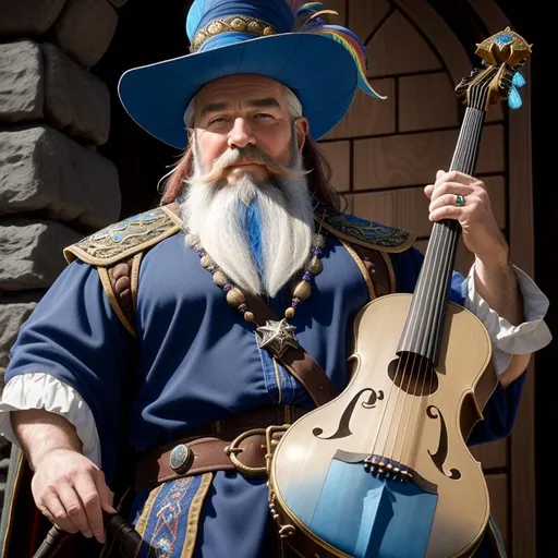 Prompt: oil painting, fantasy,  UHD, hd , 8k, , hyper realism, Very detailed, zoomed out view of character, panned out view, full character visible, dungeons and dragons dwarf bard, royal blue beard is braided, alive, joyful, he is wearing a large renaissance hat with a colorful feather, he is playing a  {{nyckelharpa}}, soft rainbow tendrils coming from the music, he is wearing colorful medieval attire