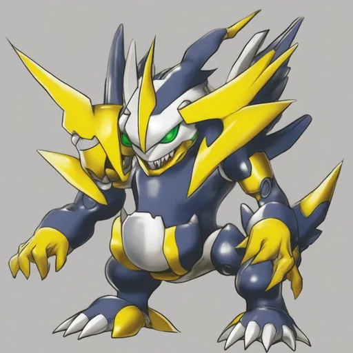 Prompt: Lesser Digimon that  lacks composure, and is always moving around mischievously. However it very often loses its balance in the middle of running and rolls over. When it comes to battle, it uses a static electricity-laced tackle, colors are primarily bright yellow with bit of green and white and grey eyes, best quality, masterpiece, in ink style
