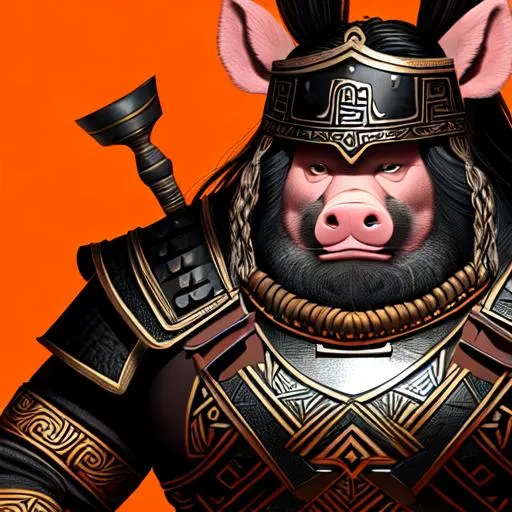 Prompt: A humanoid Pigman wearing black and orange Mayan/Viking plate armor. long pig tusks, muscular, tall.