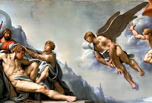 Prompt: Darth Vader as God and Luke Skywalker as Adam in Michael Angelo's "Creation of Adam" Michael Angelo Study. Storm Troopers as angels
