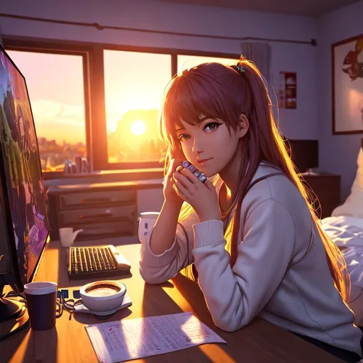Prompt: gamer girl in a messy bedroom, peacefully on her desk, coffee cup, vibrant gaming setup, soft ambient light from the monitors, cozy atmosphere, vibrant aesthetic, heavenly beauty, 8k, 50mm, f/1. 4, high detail, sharp focus, cowboy shot, perfect anatomy, sunshine on her face, sunset, window side, highly detailed, detailed and high quality background, oil painting, digital painting, Trending on artstation , UHD, 128K, quality, Big Eyes, artgerm, highest quality stylized character concept masterpiece, award winning digital 3d, hyper-realistic, intricate, 128K, UHD, HDR, image of a gorgeous, beautiful, dirty, highly detailed face, hyper-realistic facial features, cinematic 3D volumetric, illustration by Marc Simonetti, Carne Griffiths, Conrad Roset, 3D anime girl, Full HD render + immense detail + dramatic lighting + well lit + fine | ultra - detailed realism, full body art, lighting, high - quality, engraved | highly detailed |digital painting, artstation, concept art, smooth, sharp focus, Nostalgic, concept art,
