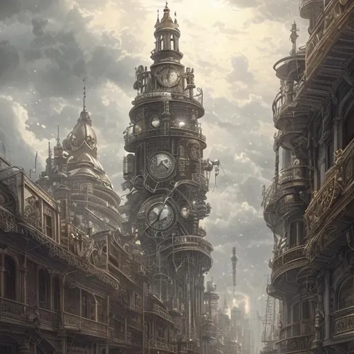 Prompt: epic illustration of a large beautiful 1800 white  steampunk city. looking up at the city from below. cloudy sky. 