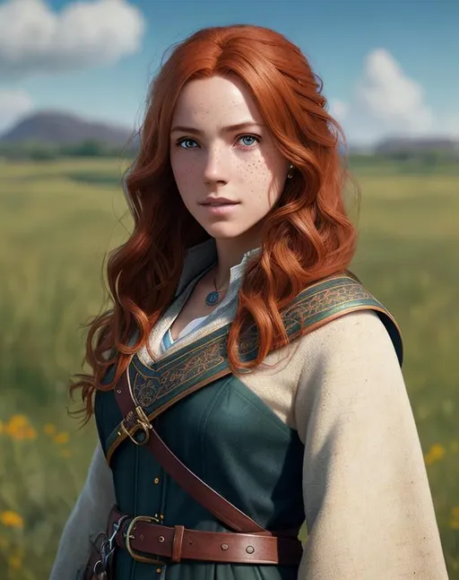 Prompt: Portrait of cute female mage with auburn hair and with cute highly freckled face, field background, perfect composition, hyperrealistic, super detailed, 8k, high quality, trending art, trending on artstation, sharp focus, studio photo, intricate details, highly detailed, by greg rutkowski
