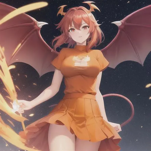 Prompt: A Dragonoid / human women 
with an orange shirt and a white skirt with orange dragon wings and  orange dragon horn  