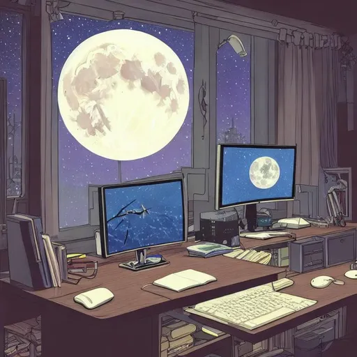 Prompt: Dual monitor gaming desk setup during gothic era. It is midnight outside of the window. Show a full moon and stars. Drawn by studio Ghibli