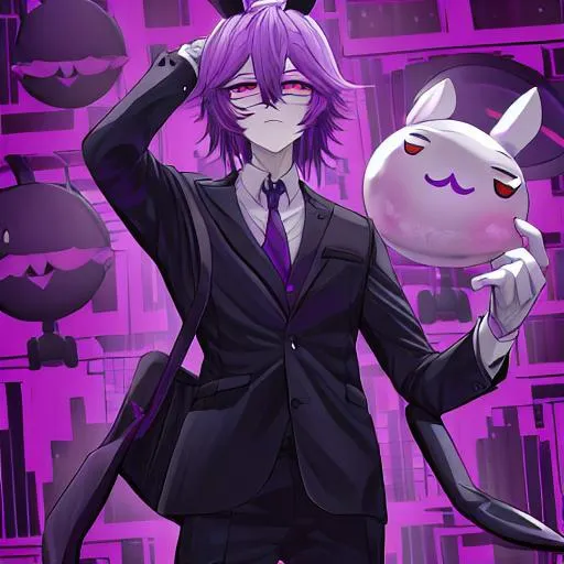 Prompt: A creepy unnatural unsettling bunny man glitch on and glitchy purple eyes and with a work suit, record of ragnarok 