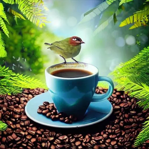 Prompt: Bird drinking Coffee cup in the middle of jungle , photorealistic 