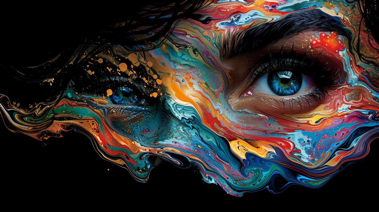 Prompt: A surreal artwork depicting the face of an attractive woman, her features melting into vibrant colors and patterns that flow across the canvas like liquid paint. The background is dark with shadows adding depth to the scene. Her eyes have a mesmerizing glow as they gaze out at viewers, creating a sense of mystery and intrigue.