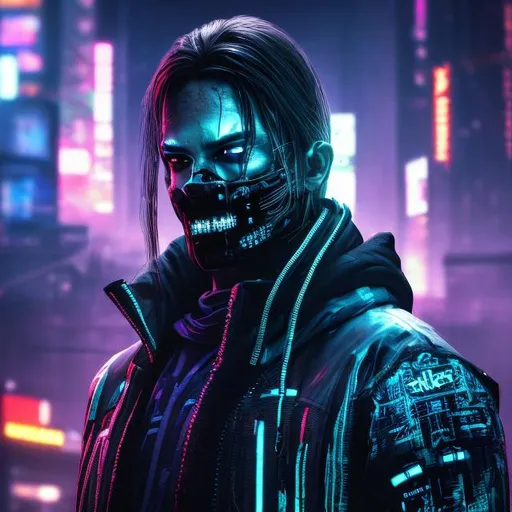 Prompt: Super-detailed face and hair. Night city cyber cyberpunk. Street thug. Neon and black. Futuristic. Hd. 3k. Photo. Clear face. Dark. Cybernetic implants.