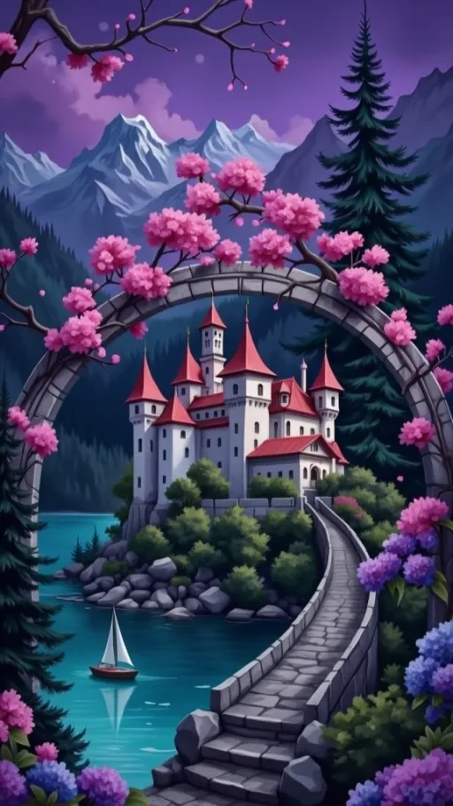 Prompt: This is a digital illustration in a highly detailed, whimsical style. The central focus is a picturesque, fairy-tale castle with multiple red-topped spires and white walls, situated on a small, lush island in the middle of a serene, turquoise-blue lake. The castle is surrounded by vibrant green trees and shrubs. In the foreground, a stone pathway lined with colorful hydrangeas in shades of pink, purple, and blue leads up to the castle. To the left, a tall, dark green pine tree stands prominently. 

An archway made of gray stone frames the top of the image, with pink cherry blossom branches hanging down on both sides, adding a delicate, romantic touch. In the background, majestic snow-capped mountains rise under a bright, blue sky with soft, fluffy clouds. A small, white sailboat is visible on the right side of the lake, adding a sense of scale and tranquility. 

The overall composition is balanced, with the pathway drawing the viewer's eye towards the castle, and the surrounding nature enhancing the magical, idyllic atmosphere. The colors are bright and saturated, creating a vibrant and enchanting scene that evokes a sense of wonder and fantasy.