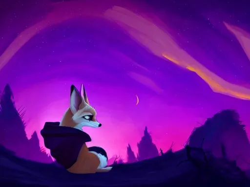 Prompt: Female fennec fox wearing a dark hoodie, city sunset background, melancholy, Zootopia style artwork, realistic