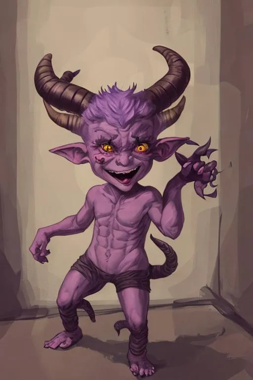 Prompt: A mischievous imp with horns, pointy ears, and a tail, playing pranks on unsuspecting humans.