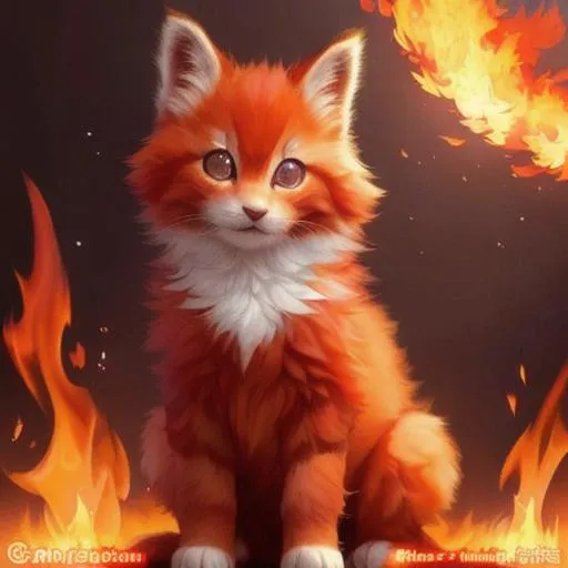 Prompt: Cute, red, fluffy, fire kitten, possessing the element of fire and making circles of fire
 move around in the air in a magical way. Perfect features, extremely detailed, realistic. Krenz Cushart + loish +gaston bussiere +craig mullins, j. c. leyendecker +Artgerm.