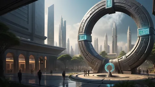 Prompt: magical portal between cities realms worlds kingdoms, circular portal, ring standing on edge, upright ring, freestanding ring, hieroglyphs on ring, complete ring, ancient sumerian architecture, gardens, hotels, office buildings, shopping malls, large wide-open city plaza, turned sideways view, futuristic cyberpunk tech-noir setting