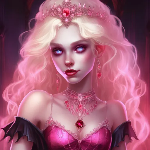 Prompt: A young gothic Blonde Vampire Princess. 
She has glowing red irises
She is wearing a pink bejeweled dress.

