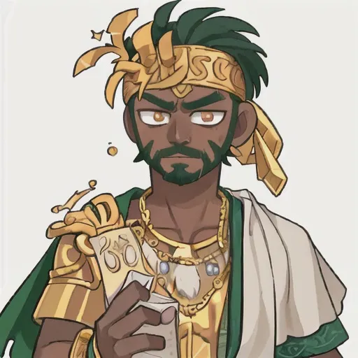 Prompt: God of charity, portrait, detailed, gold details, dark skin, facial hair, sad, weird, hands out, handsome, green, Headband, caring, toga