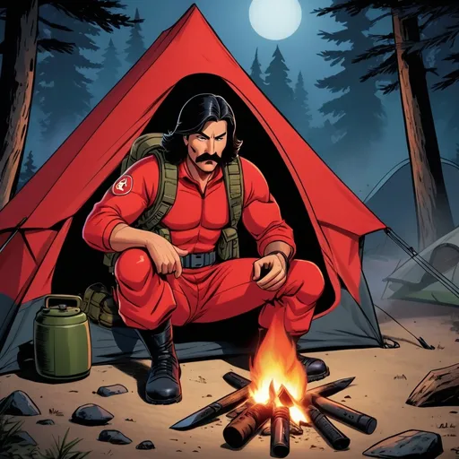 Prompt: A GI Joe (Code name Nomad) with thick dark hair and a moustache wearing a red football jersey expert in wilderness survival building a fire in front of his tent during the night i weapon is a hunting knife and an AK-47