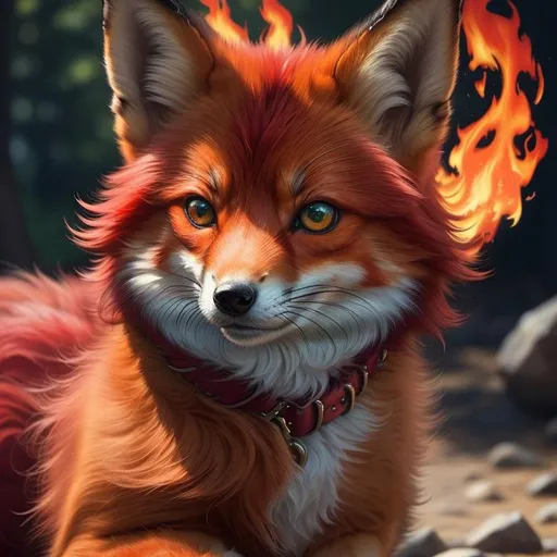 Prompt: masterpiece, professional oil painting, hyper real, 64k, best quality, tiny scarlet ((fox kit)), (canine quadruped), fire elemental, silky scarlet-red fur, highly detailed fur, realistic, timid, ((insanely detailed alert emerald green eyes, sharp focus eyes)), sharp details, gorgeous 8k eyes, insanely beautiful, extremely beautiful, fluffy glistening gold neck ruff, energetic, anime fantasy, two tails, (plump), fluffy chest, fluffy cheeks, enchanted, magical, finely detailed fur, photo realism, hyper detailed fur, (soft silky insanely detailed fur), presenting magical jewel, beaming sunlight, lying in flowery meadow, professional, symmetric, golden ratio, unreal engine, depth, volumetric lighting, rich oil medium, (brilliant dawn), full body focus, beautifully detailed background, cinematic, 64K, UHD, intricate detail, high quality, high detail, masterpiece, intricate facial detail, high quality, detailed face, intricate quality, intricate eye detail, highly detailed, high resolution scan, intricate detailed, highly detailed face, very detailed, high resolution
