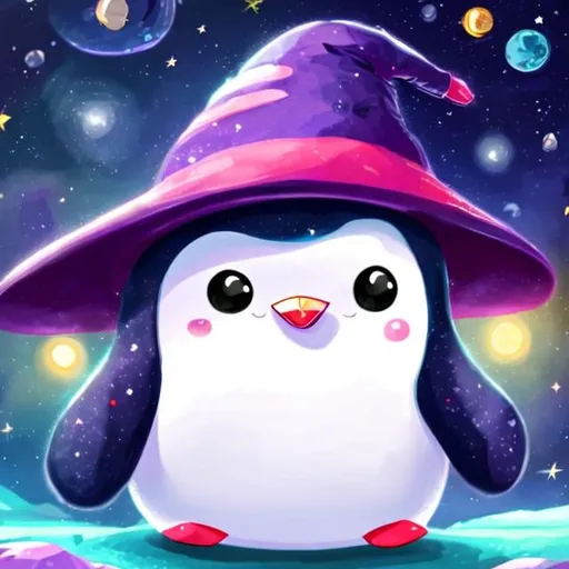 Prompt: A cartoon ruby  penguin with a big purple witch hat in outer space. Penguin has big cute sapphire eyes. Penguin is extra fluffy and cute. 