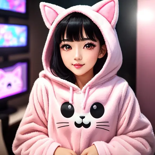 Prompt: Portrait photo, full body, 21 years old, short black hair with long pale pink bangs, glowing skin, glossy stained lips, dewy blush on the cheeks, and super big bright eyes, thin face, beige kawaii cat onesie with hood on the head, kawaii pose, wink, happy, in a gaming room, heavenly beauty, 8k, 50mm, f/1. 4, high detail, sharp focus, perfect anatomy, highly detailed, detailed and high quality background, oil painting, digital painting, Trending on artstation, UHD, 128K, quality, Big Eyes, artgerm, highest quality stylized character concept masterpiece, award winning digital 3d, hyper-realistic, intricate, 128K, UHD, HDR, image of a gorgeous, beautiful, dirty, highly detailed face, hyper-realistic facial features, cinematic 3D volumetric, illustration by Marc Simonetti, Carne Griffiths, Conrad Roset, 3D anime girl, Full HD render + immense detail + dramatic lighting + well lit + fine | ultra - detailed realism, full body art, lighting, high - quality, engraved |