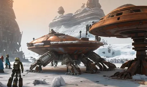 Prompt: old rusty spaceship getting repaired  by robots ice planet 