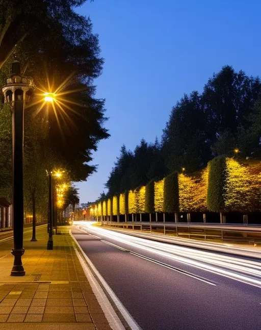 Prompt: highres, city, night, lamp post, road, high quality