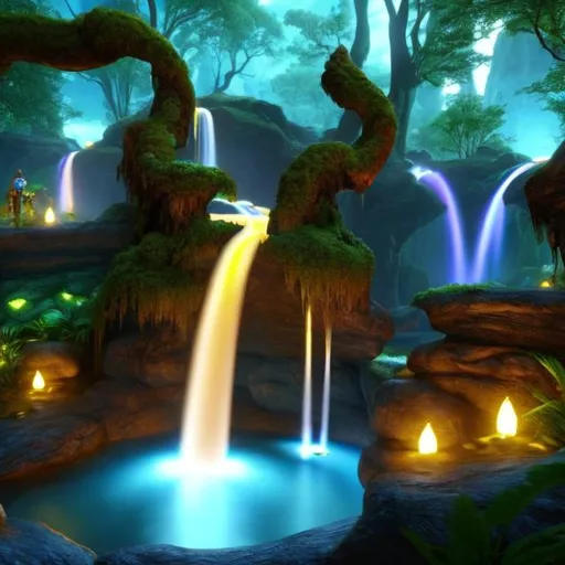 Prompt: Envision a glowing waterfall in a lush forest. Fantasy, another dimension. Hyperrealistic, UHD, HD, 8K, a portal rests besides the river