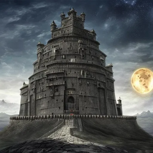 Prompt: A massive fortress with tall watchtowers made of black stone  built on top of a black mountain surrounded by sea moon in the sky