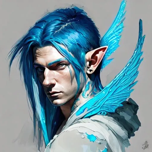 Prompt: Male Elf with long bright blue hair and dragon wings