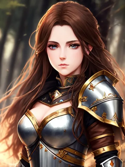 Prompt: A female knight with brown hair, epic, dark fantasy, pose, 8k, HD, vibrant, high detail, cinematic, gritty, ethereal, full body, elspeth tirel, anime style, perfect face anime aesthetic, anime, forest