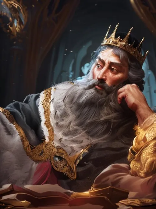 Prompt: The portraint of  emperor, handsome, allmighty , wise , on the throne, great beard, small crown, focused on his head , intricate, elegant, highly detailed, digital painting, artstation, concept art, smooth, sharp focus, illustration, art by rembrant, 8 k