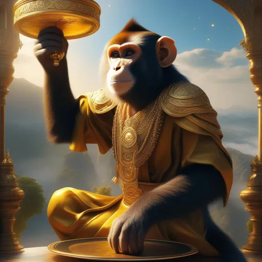 Prompt: HDR, UHD, high res, 64k, cinematic lighting, super detailed fantasy art. a Monkey Servant holding a golden plate over his head. long tail, 