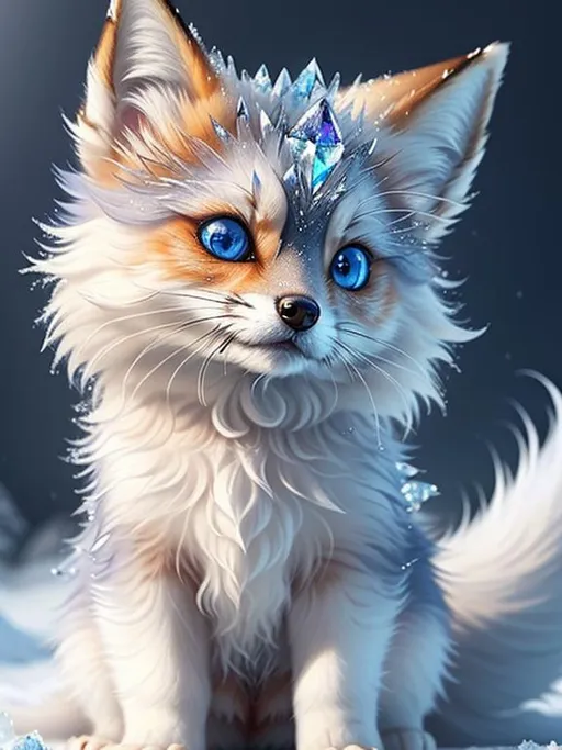 Prompt: (masterpiece, professional oil painting, epic digital art, best quality:1.5), insanely beautiful tiny ((fox kit)), (canine quadruped), ice elemental, silky silver-blue fur covered in frost, timid, ((insanely detailed alert crystal blue eyes, sharp focus eyes)), gorgeous 8k eyes, fluffy silver neck ruff covered in frost, two tails, (plump), enchanted, magical, finely detailed fur, hyper detailed fur, (soft silky insanely detailed fur), moonlight beaming through clouds, lying in frosted meadow, grassy field covered in frost, cool colors, professional, symmetric, golden ratio, unreal engine, depth, volumetric lighting, rich oil medium, (brilliant auroras), (ice storm), full body focus, beautifully detailed background, cinematic, 64K, UHD, intricate detail, high quality, high detail, masterpiece, intricate facial detail, high quality, detailed face, intricate quality, intricate eye detail, highly detailed, high resolution scan, intricate detailed, highly detailed face, very detailed, high resolution