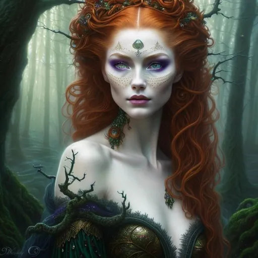 Prompt: Detailed and mystical portrait of a witch with ivory clear skin, redhead hair and deep purple eyes. Gorgeous sinuous body, she wears rich green dress, night light, forest, dramatic, charming pose, frontal, magical, fantasy, 8k, high detailed, dramatic light