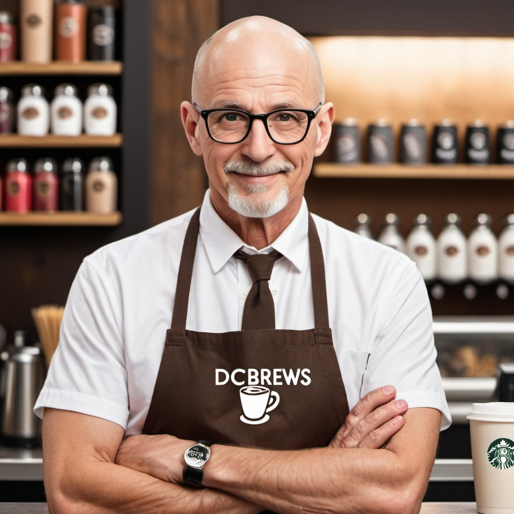 Old male bald barista with longer bead and glasses clothes logo docbrews Skitch 