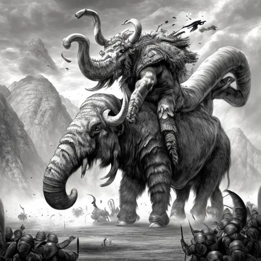 Prompt: A black and white fantasy drawing Of a man riding a mammoth  fighting a whole army of Bugs. 