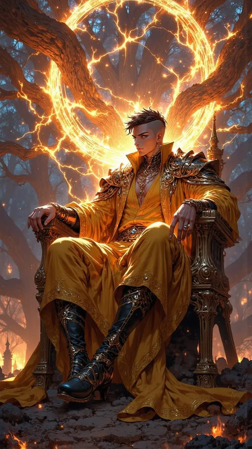 Prompt: ((tall adult tanned man)) as a ((magical vanguard)) with ((very short shaven brown hair)), ((facial stubble hair)), orange eyes, dressed in ornate yellow layered textured vanguard gear, left hand holding ((magical sledge hammer)). he is sitting on a throne.

lighting skies, high contrast lighting, ((wide length camera)), long distance , long shot, left side angle, wide depth of field. film grain, film textures. 

Overall feeling of balance. The background is a high detailed thundering sky with lightning. lightning magic aura.